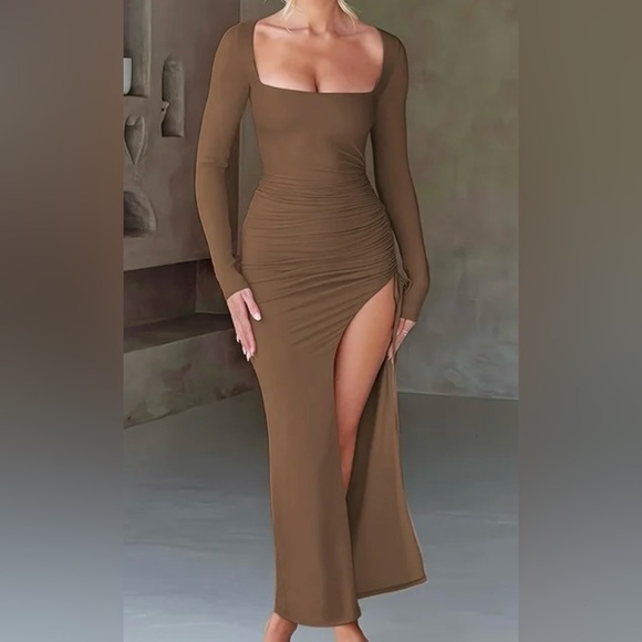 Elegant Brown Long Sleeve Dress - Picture 2 of 15